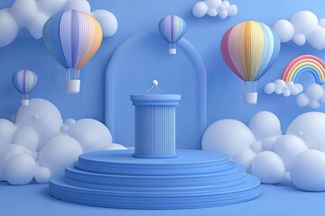 Whimsical 3D rendering featuring a podium, hot air balloons, clouds, and a rainbow against blue
