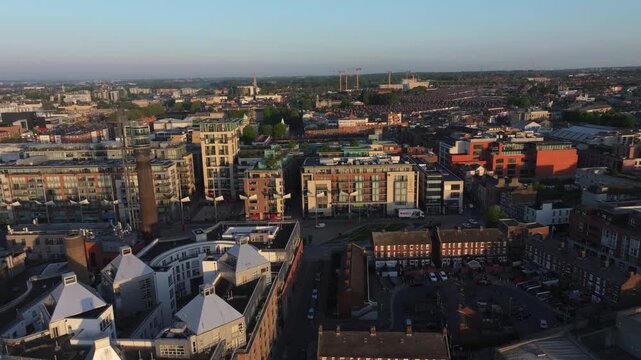 Breathtaking 4K Cinematic Drone footage capturing the magical golden hour sunrise over Smithfield Dublin, Ireland_26
