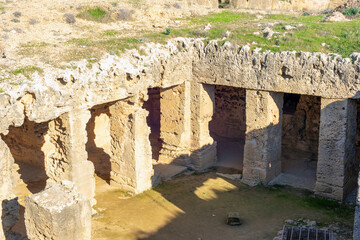 Ancient Tombs of the Kings carved into stone at archaeological site in Paphos, Cyprus
