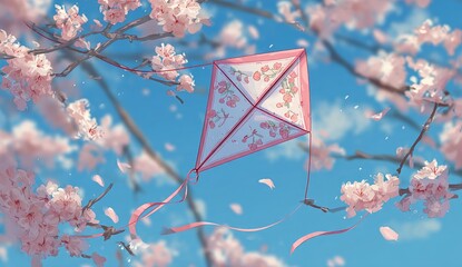 A square kite floats amidst pink blossoms of a tree branch, under a clear blue sky