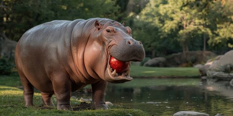Hippo enjoying apple by water