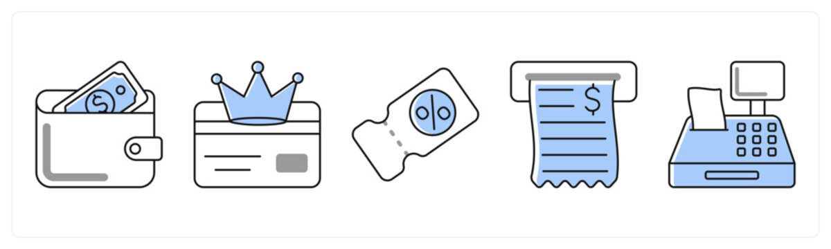 A set of 5 mix icons as wallet, loyalty card, coupon in grey color
