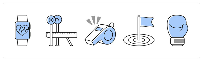 A set of 5 mix icons as fitness tracker, bench press, whistle in grey color