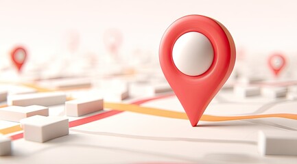 Map with red location pins marking spots; bright, 3D render, shallow depth