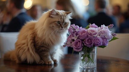 Curious cat beside a bouquet of purple roses