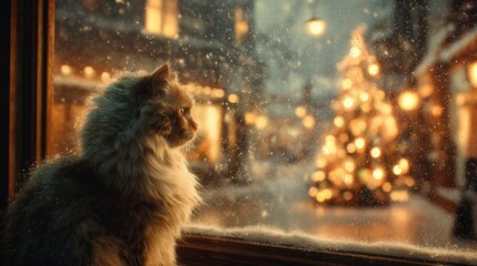 cozy hyperrealism. A fluffy cat watches the snowfall from a steamy window. Outside, a glowing christmas tree stands in a snowy street, festive lights blur in the background. 