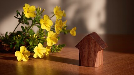 Miniature wooden dwelling rests beside vibrant yellow blossoms in warm sunlight