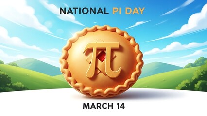 National pi day celebration with pi symbol on a delicious pie against a bright sunny landscape background