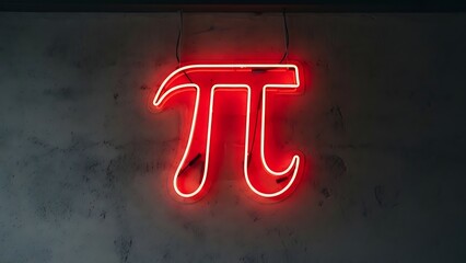 Red neon sign of the mathematical constant pi symbol glowing against a dark concrete wall