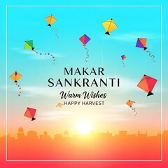 Makar sankranti celebration with colorful kites and vibrant sunset