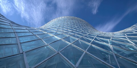 Wavy glass structure against a blue sky with clouds