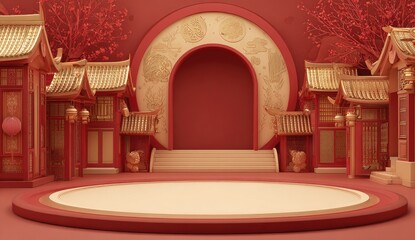 A vibrant, detailed, 3D render of a festive Asian stage setting in red tones