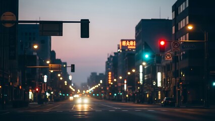 City street at dusk with traffic lights.
