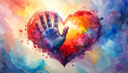 Vibrant abstract artwork showing a hand superimposed on a heart-shaped design. Vivid colors and watercolor textures