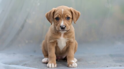 Cute brown puppy sitting on concrete