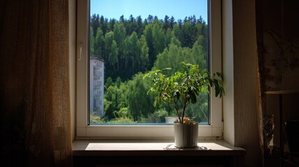Potted houseplant sits on a sunlit windowsill overlooking a dense forest and distant building.