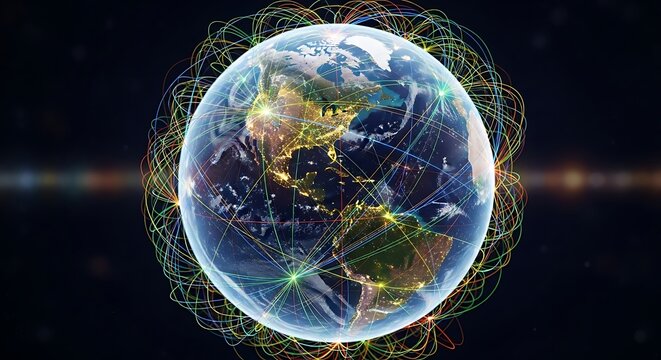Earth with global network connections and glowing lights - Powered by Adobe
