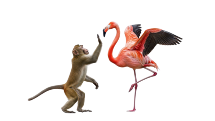 Cute monkey high-fiving a vibrant pink flamingo in a playful interaction isolated PNG with Transparent Background