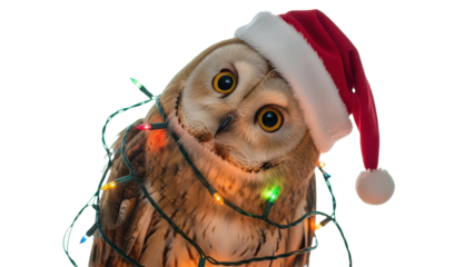 Cute Owl Wearing Red Santa Hat Wrapped in Colorful Christmas Lights isolated PNG with Transparent Background