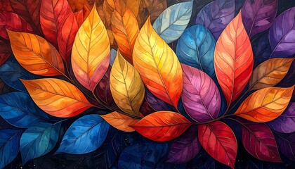 Vibrant abstract illustration depicting a cluster of stylized autumn leaves. Each leaf transitions through a spectrum of colors