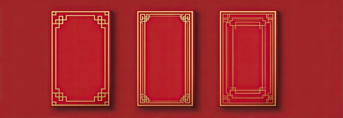Three red rectangular cards with golden decorative borders displayed side by side on a gradient backdrop