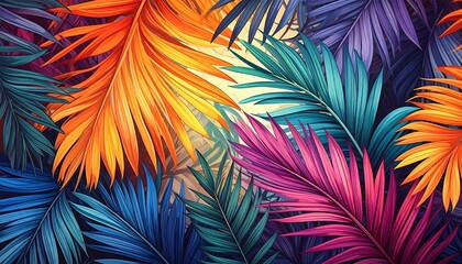 Vibrant abstract illustration showcasing colorful palm leaves, intricately detailed with shades of orange, blue, green, and purple