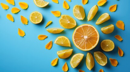 Sliced Yellow Lemons and Petals on Light Blue Background