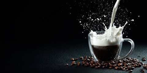 Milk being poured into a transparent cup of coffee creating splash with roasted coffee beans around