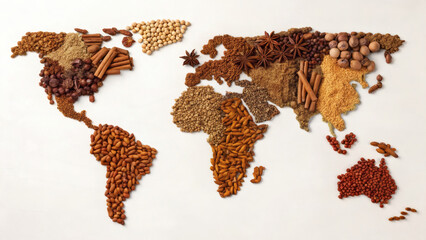 World map constructed entirely from various brown and tan edible seeds nuts and spices forming a unique conceptual representation of global food origins and culinary diversity