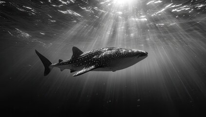 Black and white underwater photo of a whale shark swimming with sunbeams breaking the surface