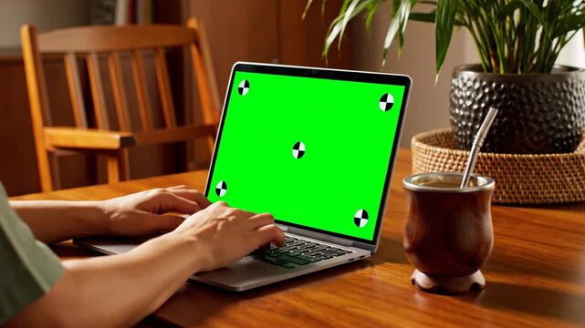 Typing on Laptop Green Screen Mockup Home Office Desk Drink