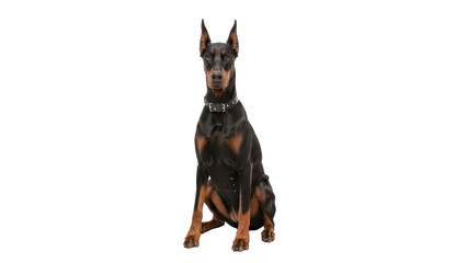 Obraz premium Alert black and tan Doberman Pinscher dog sitting and looking forward isolated PNG with Transparent Background
