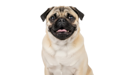 Adorable happy Pug dog looking at camera with open mouth isolated PNG with Transparent Background