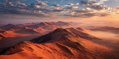 Vast panoramic landscape of desert dunes under a dramatic, sunlit sky with clouds