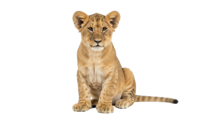 Cute young lion cub sitting and looking directly at camera isolated PNG with Transparent Background