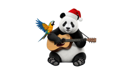 Christmas Panda Wearing Santa Hat Playing Acoustic Guitar with Macaw Parrot Illustration isolated PNG with Transparent Background