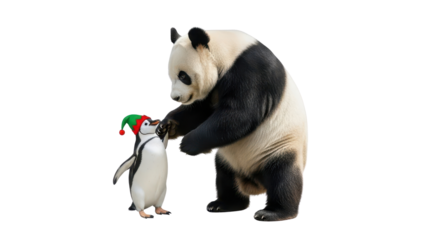 Giant Panda interacting with cute Penguin wearing a festive Christmas elf hat isolated PNG with Transparent Background
