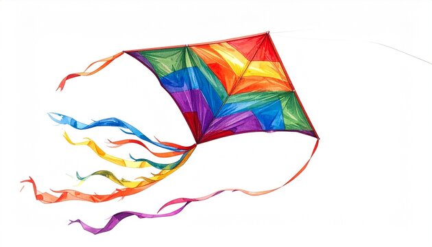 Colorful rainbow kite flying freely, long flowing tails in the wind, isolated on white background, bright playful energy, childhood joy and outdoor fun concept.