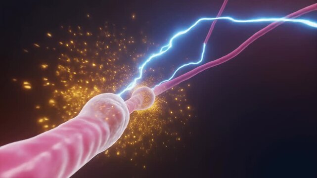 Microscopic journey through a neuron's axon, visualizing nerve impulse transmission