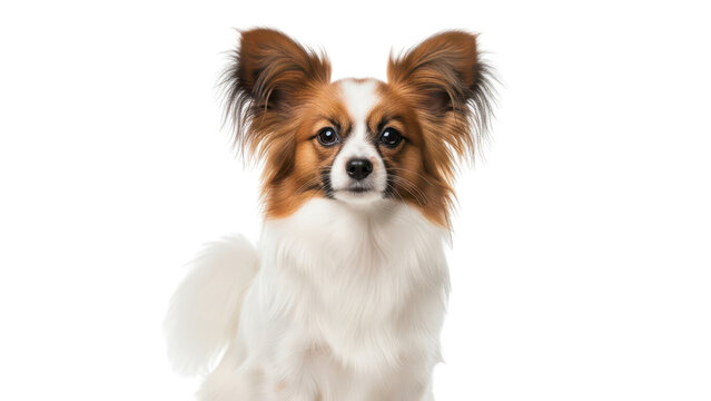 Papillon dog portrait on white background, purebred continental toy spaniel with butterfly ears, fluffy white and brown long-haired pet dog