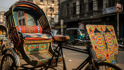 A vibrant and ornately decorated Bangladeshi rickshaw stands parked on a city street under daylight