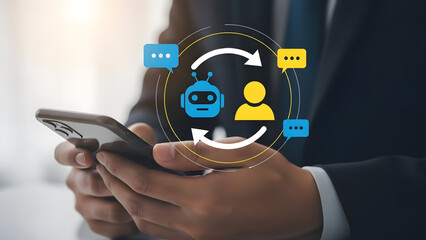 Human interacting with AI chatbot on mobile phone for digital customer service.