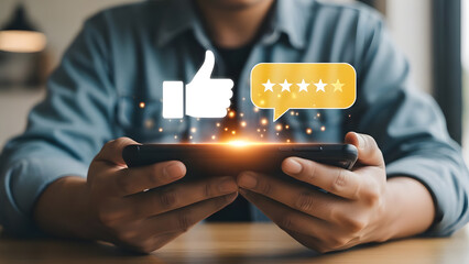 Hands holding smartphone displaying five-star rating and thumbs up for customer feedback.