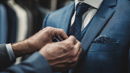 Professional tailor adjusting the fit of a business suit jacket on a customer for a perfect look.