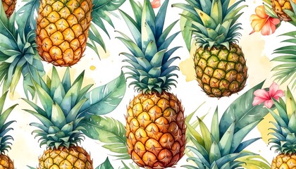 Watercolor depiction features several pineapples amidst vibrant green foliage and tropical flower accents, set against a watercolor wash backdrop