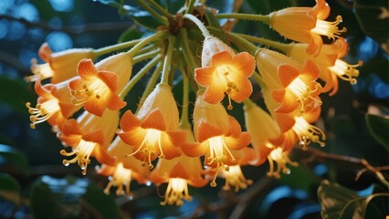 Cluster of orange bell-shaped flowers with glowing centers and green foliage in a natural setting