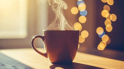 Steaming hot coffee cup on table.