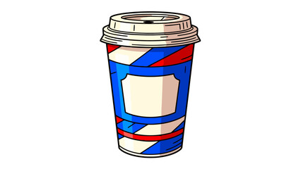 A disposable coffee cup with a bold, striped design in red, white, and blue