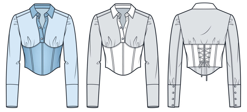 Women Corset Shirt Technical Fashion Illustration. Blouse fashion flat technical drawing template, button-up, lace-up, cuff sleeves, front and back view, white, blue, women CAD mockup.
