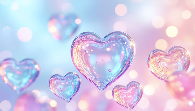 パステルの光に包まれた虹色ハートバブルの幻想背景｜オーロラ・透明感・ロマンチック / Dreamy iridescent heart bubbles in a pastel glow background | aurora, transparent, romantic